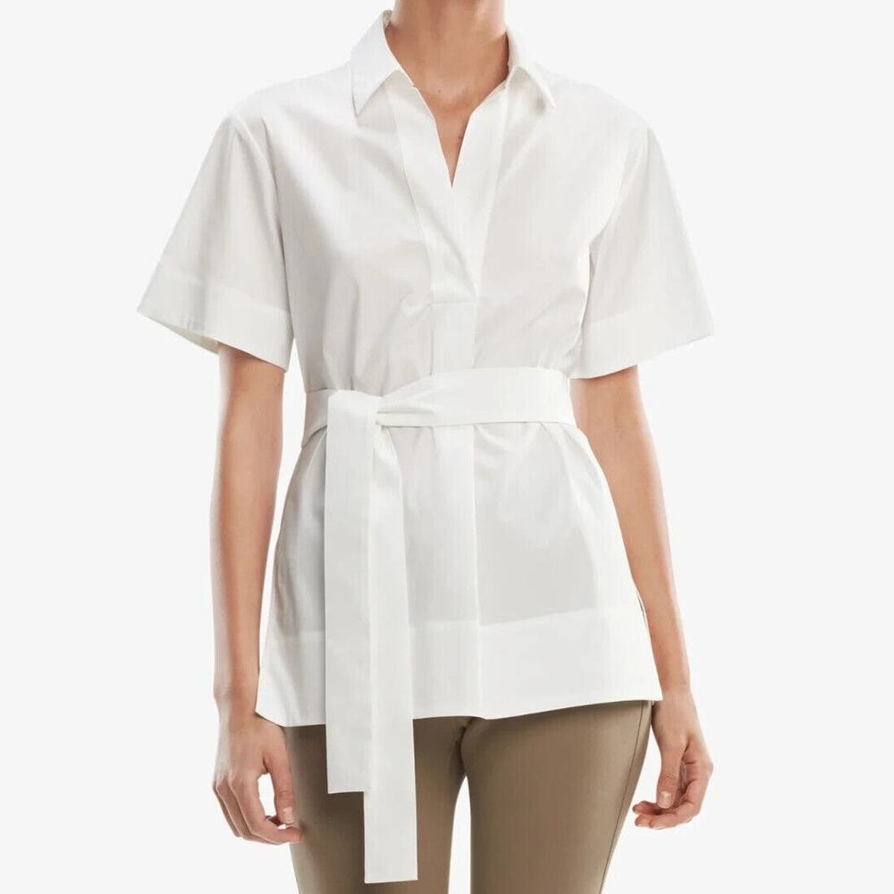 M.M. Lafleur Wilma Poplin Top Size L White NWT V-Neck Short Sleeve Chic Blouse